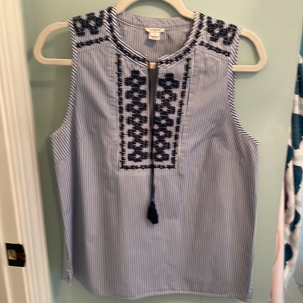 J crew blue and white gingham sleeveless top with tie.